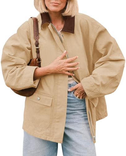 Tankaneo Womens Oversized Barn Jacket Zip Up Military Safari Jackets Fall Color Block Vintage Trench Coat with Pockets
