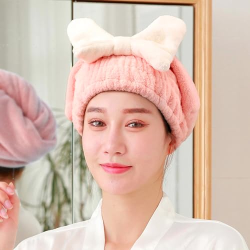 Image of NFI essentials Microfiber Hair Towel Cap Warp Super Absorbent Wet Hair Drying Head Turban, Pookie Bow Knot for Girls Salon Quick Dry Shower with Button for Women