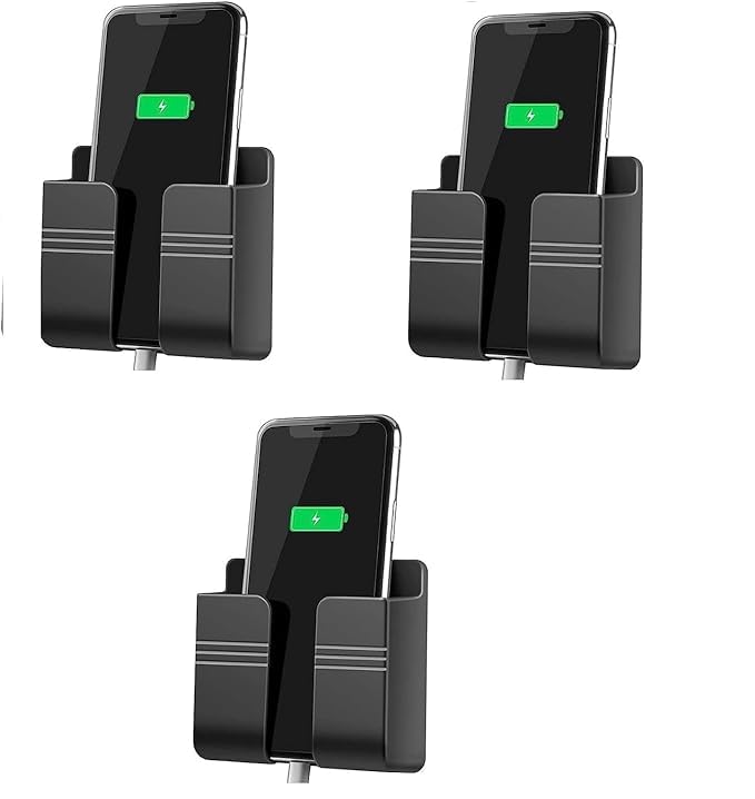 Image of WALLVIEWVTECH Pack of 3 Wall Mounted Mobile Holder & Storage Case for Remote with Charging Port, Adjustable Viewing Angle, Multi-Purpose Wall Stand for Phones (Black)