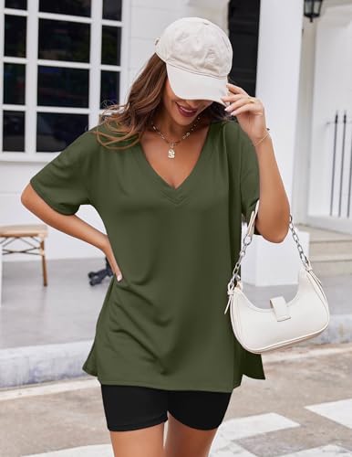 Image of Ekouaer Womens Pajamas 2 Piece Lounge Sets Oversized V Neck T-Shirts Tops Biker Shorts Set Workout Reversible Tracksuit Army Green /Black