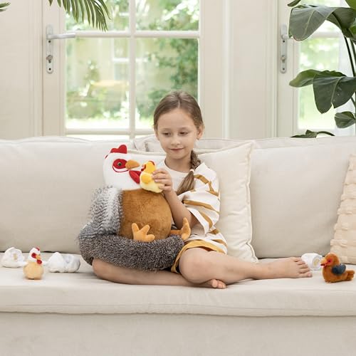 Image of MaoGoLan 8Pcs Chicken Stuffed Animals, Stuffed Laying Hen Chicken Plush Toys with 3 Babies Chickens and 3 Eggs,1 Nest House Plush Set, Cute and Soft Farm Stuffed Animals Gift for Kids,Girls,Boys,White