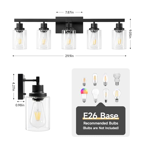Image of 5-Light Black Bathroom Vanity Light, Modern Vanity Lighting Fixture for Bathroom, 31 inch Matte Light Fixture, Wall Sconces with Clear Glass Shade, Black Bathroom Wall Light Over Mirror