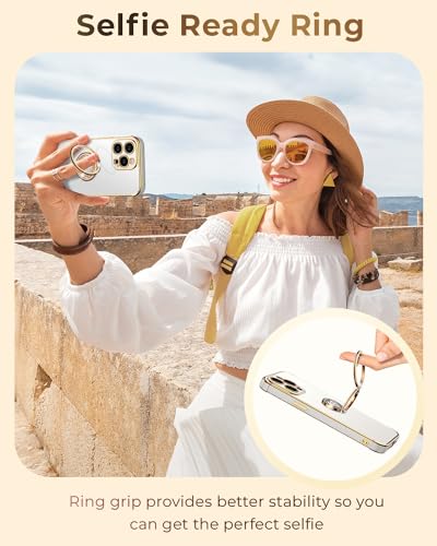 Image of XYZ for iPhone 14 Pro Back Cover Case with Stand, Phone Case with Double Ring Kickstand, for Girls Women, Luxury Cute Bling Protective Phone Cover Case for iPhone 14 Pro, White | Double Ring Holder, Cute Love-Heart, Phone Chain Wristlet, Wrist Strap, Women Girls Bling Luxury Protective Case, White