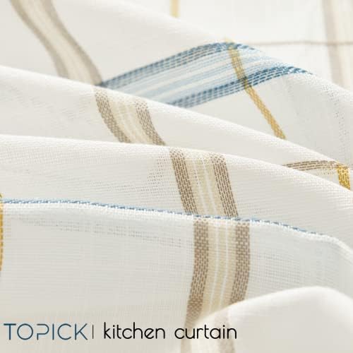 TOPICK Net Kitchen Curtains 36 Inch Drop Blue Buffalo Plaid Voile Short Curtains Gingham Checkered Design Pinstripe Sheer Cafe Curtains Rustic Style for Small Window Basement Cupboard 2 Panels