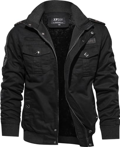BenBoy Chaqueta Hombre Invierno Ligera Chaqueta Militar Forro Cálido Classic Bomber Chaqueta Ejército Múltiples Bolsillos Cortavientos Casual abrigo al Aire Libre JK9937M-Black-S
