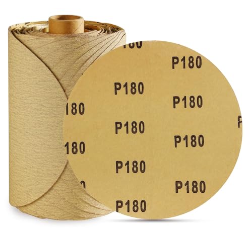 LuckyGuard 100PCS 6 inch Gold PSA Sanding Discs 180 Grit Self Adhesive Sticky-Back Sandpaper Aluminum Oxide Abrasive Sand Paper Woodworking Wood Metal Sanding Disc Roll