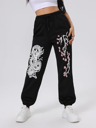 WDIRARA Women's Floral Dragon Print Drawstring Waist Joggers Pants Workout Sweatpants2