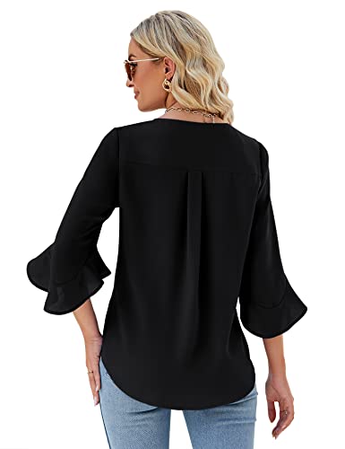 Qirno Chiffon Blouses for Women Ruffle 3/4 Sleeve Dressy V Neck Casual Flowy Tunic Tops2