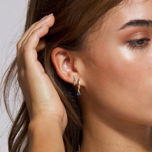 RIOSO 3 Pairs Birthstone Earring Set for Women Gold Hoop Stud Earring Stack 3 Holes Non Tarnish Dainty Earrings Set for Multiple Piercing