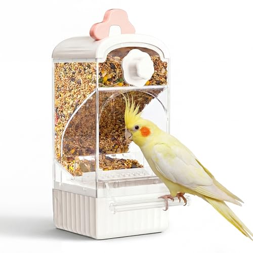 Bucatstate Automatic Bird Feeder for Cage No Mess Self Cleaning Large Capacity with Waste Drawer No Installation Required Parakeet Feeder for Parrots Budgies Cockatiels Canaries (Pink White)