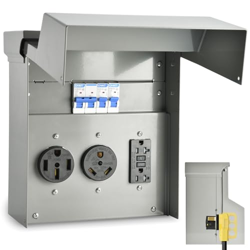 RV Electrical Panel with Breaker, Temporary Power RV Outlet Box with 20 30 50 Amp Receptacle, Weatherproof RV Electrical Power Outlet Power for Hookup Camper Travel Trailer Motorhome