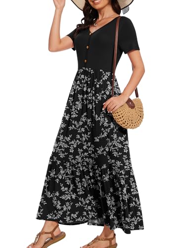 Image of VIISHOW Women's Short Sleeve Maxi Dress 2026 Summer V Neck Knit Loose Plain Empire Waist Casual Dresses with Pockets