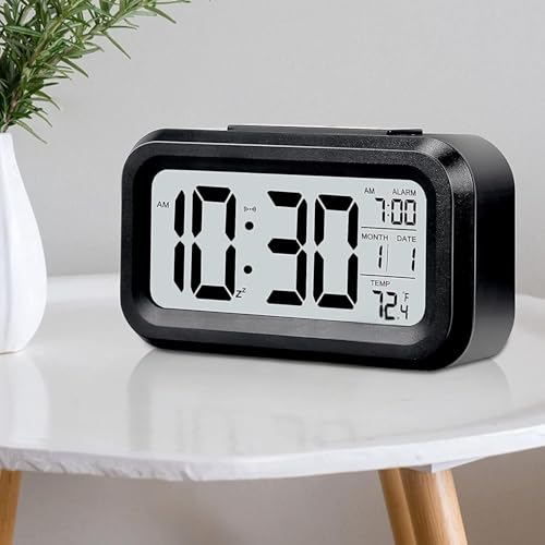 Image of Black Digital Alarm Clock with Automatic Sensor, Date & Temperature Display - Modern Table Clock for Students, Home, Office, and Corporate Use (Desk Alarm Clock)
