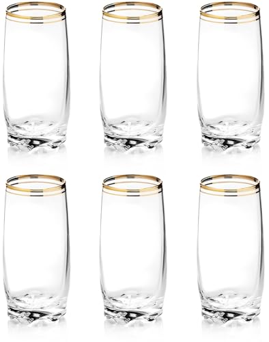 Zanzer 13.25 Oz Gold Glass Cup (Set of 6) - Elegant Drinking Glasses with Gold Accented Rim, Durable Glassware for Entertaining, Dining, Everyday Use - Ideal for Cocktails & Beverages