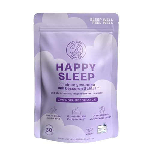 Happy Sleep Pulver - Besser schlafen ohne Melatonin - Natürliche Einschlafhilfe Erwachsene - Mit Magnesium, Lavendel-Extrakt, Glycin & Inositol - 30 Portionen - Zuckerfrei - Vegan - Lavendel-Geschmack