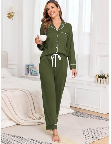 Image of Veseacky 100% Cotton Women's Pajama Set Long Sleeve Button Down Sleepwear Soft Pjs Lounge Sets Nightwear Pjs XS-XXL