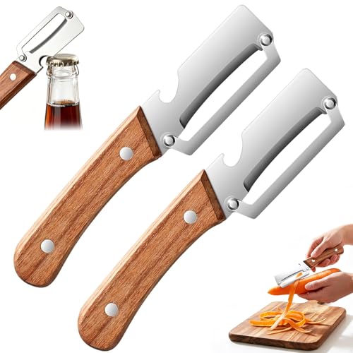2 Pcs Multifunctional Vegetable Peeler for Kitchen Zero Snag Wooden Peeler 2 in 1 Stainless Steel with Wooden Handle and Bottle Opener Kitchen Peelers for Fruit Apple Potato Pumpkin and More