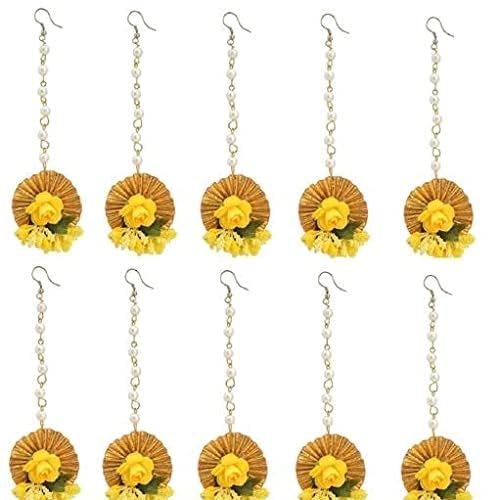 Laxmi Enterprises Gota and Flower Yellow Fabric Brass Maang Tikka for Mehandi, Pre Wedding Puja, Wedding Day, Women's Pack of 12-image-35