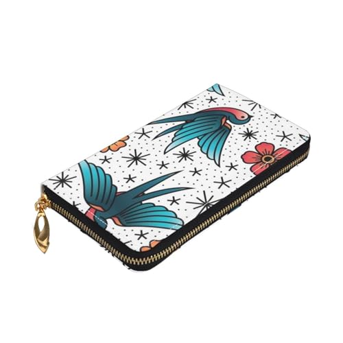 Leather Wallet For Women And Men Oldschool Tattoo Birds Flowers Clutch Purse Wristlet Bag Credit Card Holder Wallet3