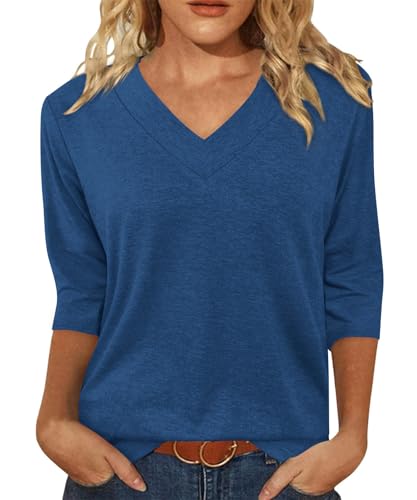 Minetom Camiseta para mujer, manga 3/4, cuello en V, camiseta de verano, jersey de otoño, básico, camisetas básicas, A azul oscuro., XL