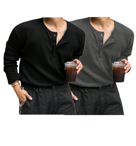 Image of Trillion Men's Textured Fabric Solid Color Basic Half-Open Collar T-Shirt, Fall Long Sleeve Men Shirt | Tshirt for Men