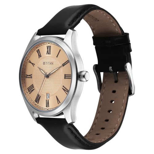 Image of Titan Neo Roman Analog with Rose Gold Dial Brown Leather Strap Watch for Men - 10063SL01