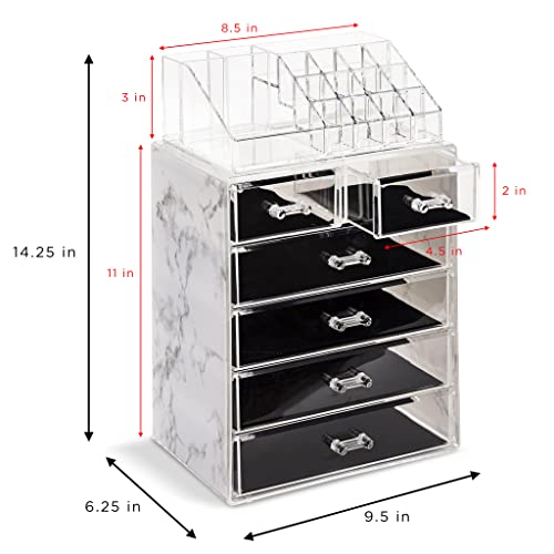 Image of Sorbus Acrylic Makeup Organizer Set, 6-Drawer Vanity & Countertop Cosmetic Storage with Small & Wide Compartments, Marble Print Makeup Storage for Brushes, Jewelry - Holiday Gift for Women & Teens