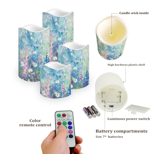 Image of Blue Floral Plastic Flameless Candles with Remote Control and Timer LED Flickering Battery Operated Color Changing Electric Pillar Candles for Table Weddings Gifts Home Decoration