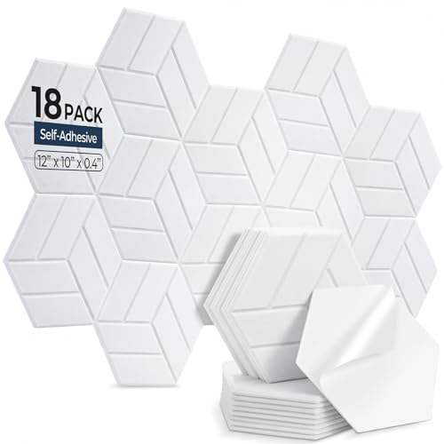 Image of AUSLET 18 Pack Hexagon Acoustic Panels Self-Adhesive, 30x26x0.9cm High Density Sound Absorbing Panels for Walls, Soundproofing Foam Panels for Studio, Home Office, Gaming Room, Recording Room（White）