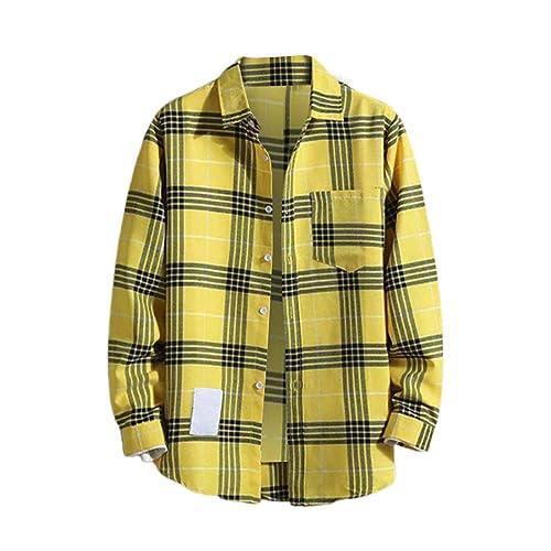 Men's Gingham Check Button Down Shirt - Classic Long Sleeve Regular Fit Plaid Casual Top With Pocket - Durable Wrinkle-Resistant Curved Hem - Yellow