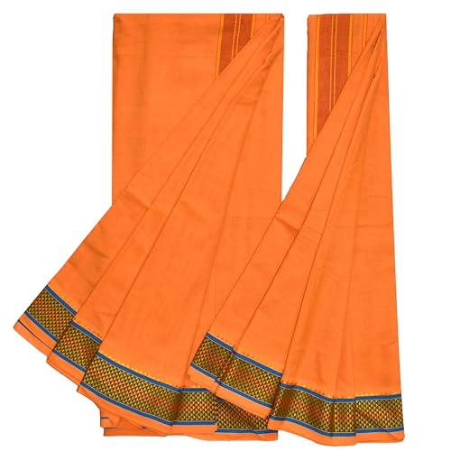 Image of TUNI MANI Men's Panchakacham Dhoti with Angavasthram with Zari Border, Cotton, Size: 9 X 5 (4.0mtr Dhoti, 2.25mtr Towel)