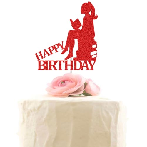 Kuchendekoration mit Lesemotiv "Happy Birthday" für Studenten, Kinder, Frauen, Mädchen, Buchclub, Geburtstagsparty, Dekorationen für Buchliebhaber, roter Glitzer