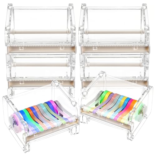 6 Pack Washi Tape Dispenser & Cutter Transparent Desktop Multi Washi Masking Tape Storage Dispenser Tapes Cutter Tapes Roll Holder (Not Include Masking Tapes)