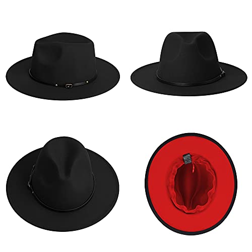 Extree Men & Womens Black Red Patchwork Wool Felt Fedora Hats Belt Buckle Decor Unisex Wide Brim Cowboy Cap Jazz Hats #TOP2