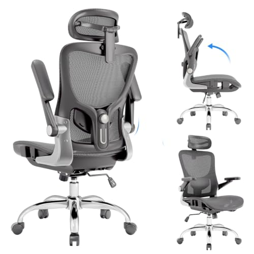 marrap Ergonomic Office Chair, Mesh Seat Cushion with 3D Armrests and 3D Headrest, Adjustable Lumbar Support with 90-120° Rocking Function for Home Office, Dark Grey