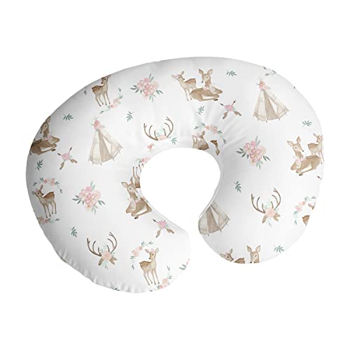 Image of Sweet Jojo Designs Woodland Deer Floral Nursing Pillow Cover Breastfeeding Pillowcase for Newborn Infant Bottle Breast Feeding Pillow NOT Included - Blush Pink Mint Green Boho Watercolor Forest Animal