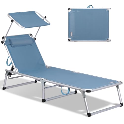 Homecall Sonnenliege mit Dach Gartenliege Leicht Sonnenliege Klappbar Alu Liegestuhl Strandliege, 5 Fach Verstellbare Rückenlehne, 190 x 60 cm Sonnenschutzdach, bis 136KG (Mit Sonnendach-Blau)