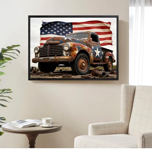 Image of American Flag Framed Canvas Wall Art, 4th of July Canvas Prints, USA Flag with Truck Patriotic Decorations, Vintage Independence Day Wall Decor for Bedroom Living Room Dining Room Office 24x32