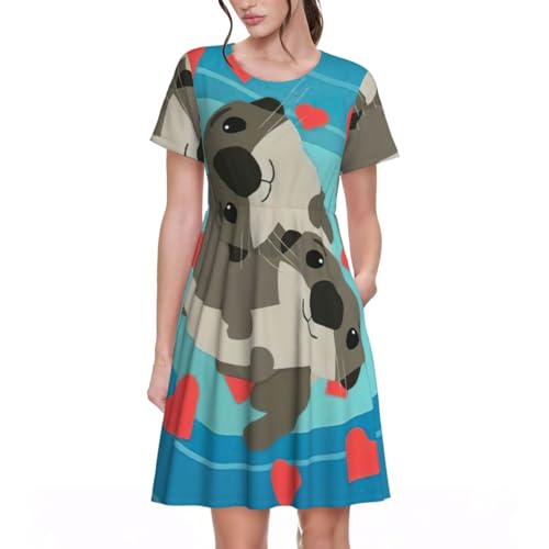 Robe d'été mi-longue EdWal à col rond et motif loutres amusant pour femme
