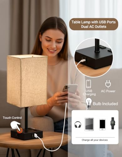 Image of Homesake Touch Table Lamp with USB A + Type C Charging Ports Dual AC Outlets, Touch Control, Medium Size, Bulb Included Night Stand, Bedside Desk Light Bedroom Living Room Office, (Jute Rectangle)
