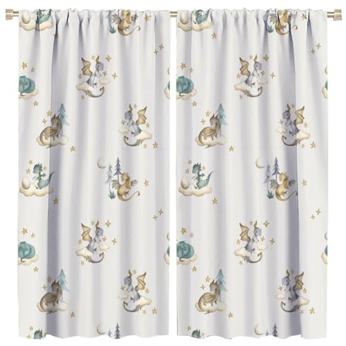 Image of Fantasy Cute Baby Dragon Blackout Curtains for Living Room,Watercolor Mid Century Woodland Cartoon Dragon Rod Pocket Thermal Insulated Room Darkening Curtains 2 Panels 45L x 21W