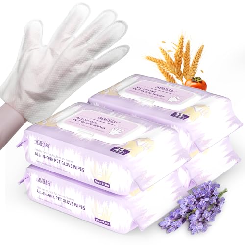 Image of IMMHABI 100 Count Cleaning Deodorizing Pet Glove Wipes for Dogs & Cats, Hypoallergenic Dog Bath Wipes with Natural Deodorizer Persimmon Tannin, Pet Bathing Wipes for Horse Coat Care Lavender Scent