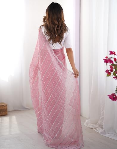 Image of SIRIL Women's Shimmer Chiffon Sequence Embroidery Saree With Unstitched Blouse Piece for Wedding and Parties