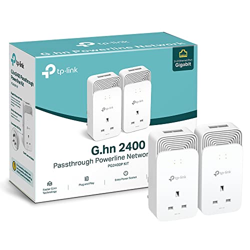 TP-Link PG2400PKIT Wired Passthrough G.hn 2400 Powerline Adapter, Faster G.hn Technology, Powerline Network Adapters with 2+2 Gigabit Ethernet Ports, No Configuration Required, Plug and Play