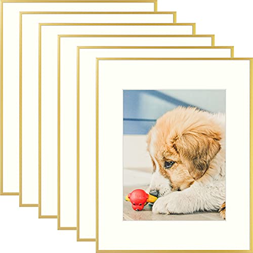 AUEAR, 16x20 Aluminum Picture Frame Set of 6, Made To Display Pictures 11x14 with Mat or 16x20 Without Mat, Wall Gallery Metal Photo Frames (Real Glass, Gold)