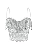 Fashionable Tassel Pendant Fishbone Bra Tops with Rhinestone Chain Decoration Camisole Shiny Diamond Spicy Girl Clothing(White,1XL)