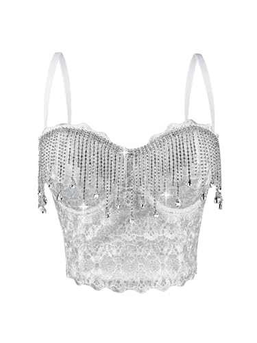 Fashionable Tassel Pendant Fishbone Bra Tops with Rhinestone Chain Decoration Camisole Shiny Diamond Spicy Girl Clothing(White,1XL)