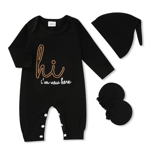 Image of GRNSHTS Newborn Baby Boy Romper Coming Home Outfits Letter Print Bodysuit Jumpsuit+Hat+Gloves 3PCS Clothes Set