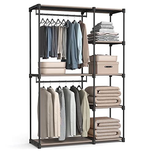 SONGMICS Armario de Ropa, Perchero, Burro Ropa, 124 x 43 x 182 cm, 2 Secciones para Colgar, con Compartimentos, Gran Capacidad, para Dormitorio, Salón, Lavandería, Topo RYG026R02