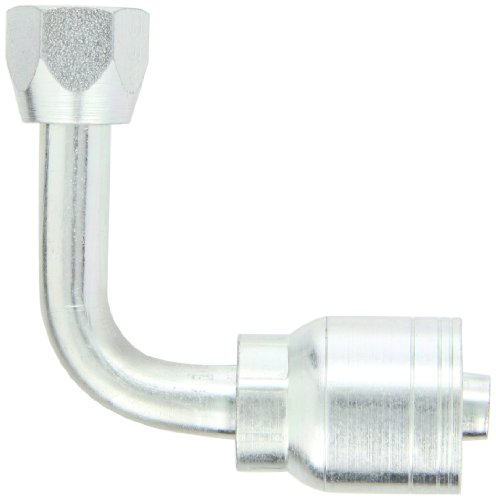 Image of Aeroquip 1AA8FJC8 Carbon Steel Global TTC (Thru the Cover) Crimp Hose Fitting Female JIC Swivel, 90 Degree Long Drop Elbow, 1 /2 inch Hose ID, 3 /4 inch - 16 Thread